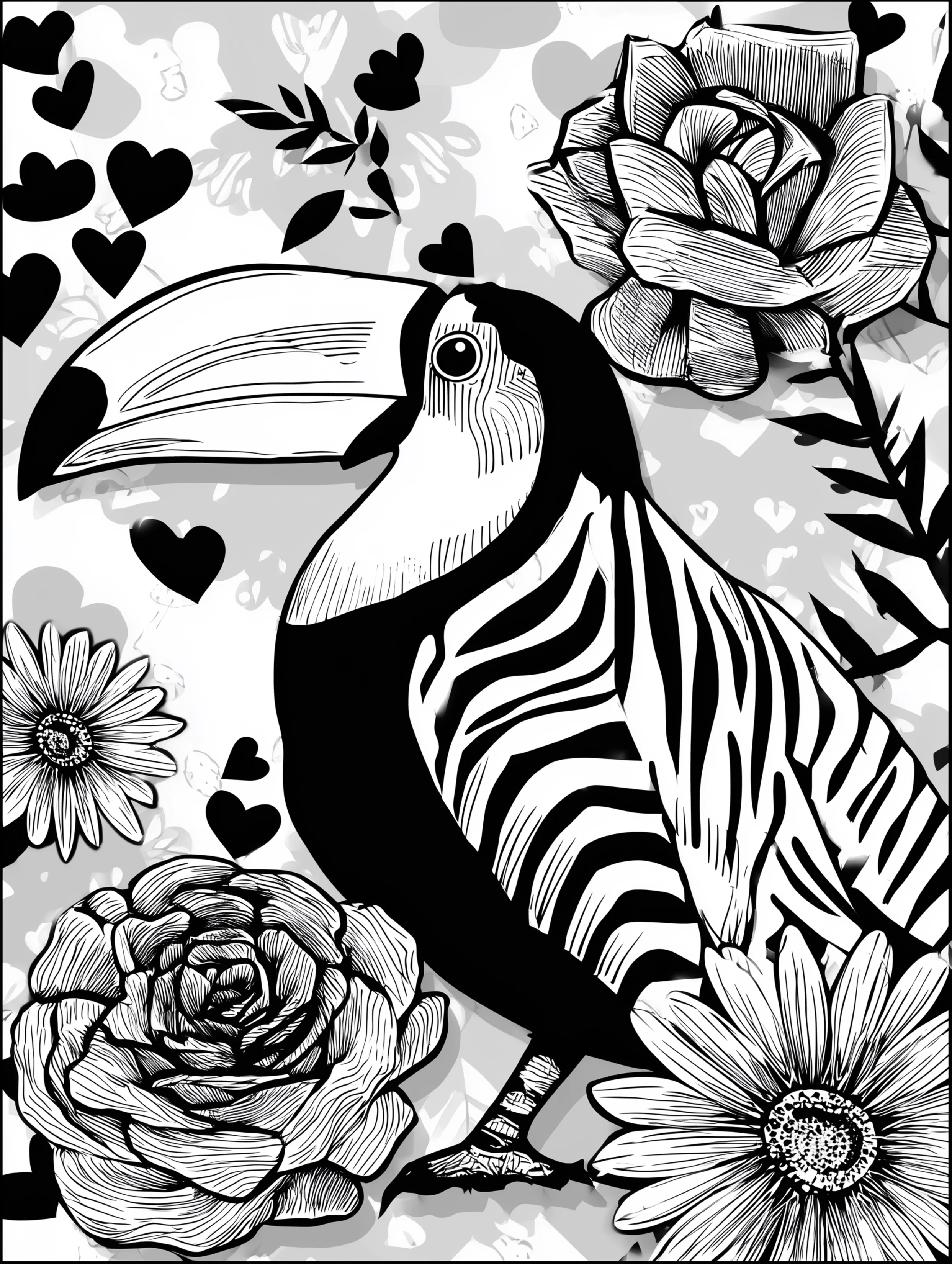 Free printable zoo coloring sheet featuring a toucan with heart accents